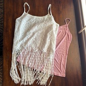 Pink cami with lace fringe overlay cami